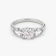 Cushion Cut - Plain Band - Three Stone Ring - 0.5 Ct Side Stone each - 14 K Gold